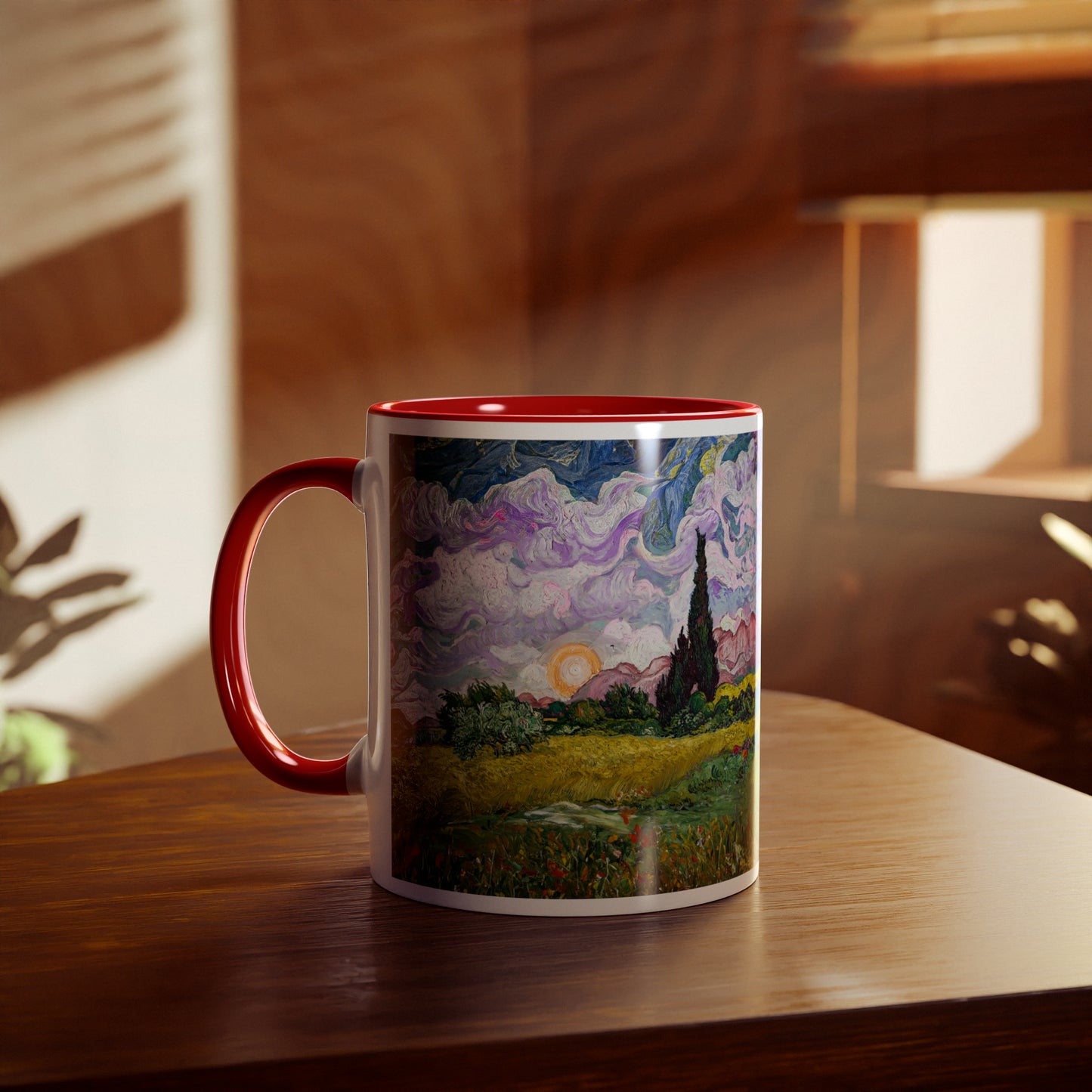 Van Gogh's Wheat Field with Cypresses (1889) - Sunset Fine Art Print Two-Tone Coffee Mugs, 11oz