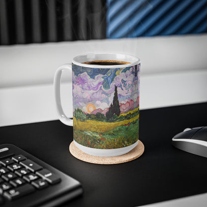 Van Gogh's Wheat Field with Cypresses (1889) - Sunset Fine Art Print Ceramic Coffee Mugs, 11oz, 15oz