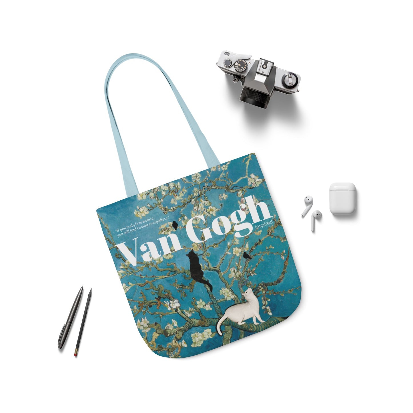 Vincent Vang Gogh Cherry Blossom - Cats - Canvas Tote Bag, 5-Color Straps