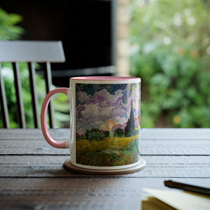 Van Gogh's Wheat Field with Cypresses (1889) - Sunset Fine Art Print Two-Tone Coffee Mugs, 11oz