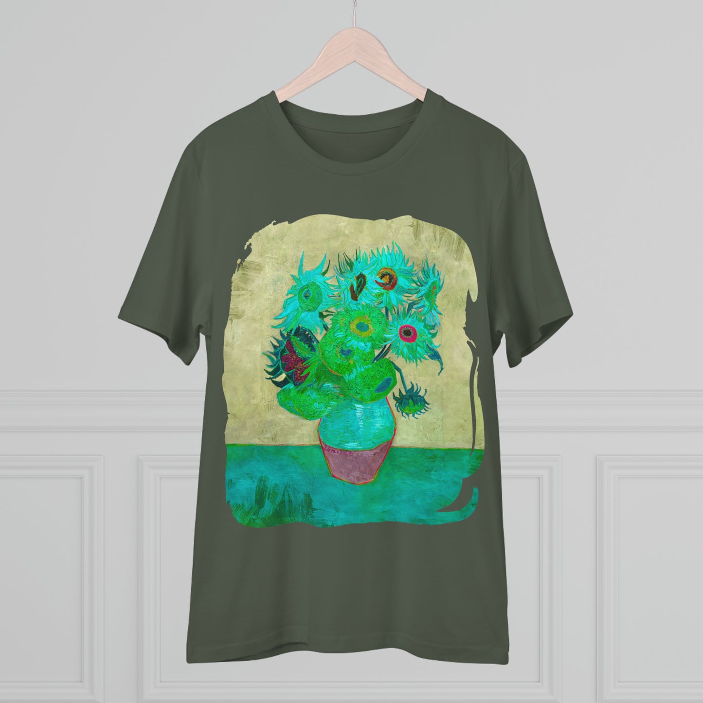 Van Gogh's Vase with Twelve Sunflowers (1888–1889) - Pop art turqoise Fine Art Print Organic Cotton T-Shirt Unisex