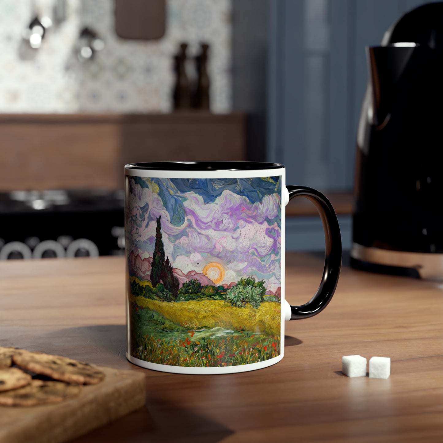 Van Gogh's Wheat Field with Cypresses (1889) - Sunset Fine Art Print Two-Tone Coffee Mugs, 11oz