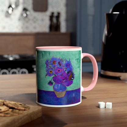 Van Gogh's Vase with Twelve Sunflowers (1888–1889) - Pop art purple Fine Art Print Two-Tone Coffee Mugs, 11oz