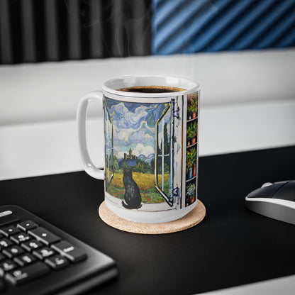 Van Gogh's Wheat Field with Cypresses (1889) - Cat with castle ruin Fine Art Print Ceramic Coffee Mugs, 11oz, 15oz