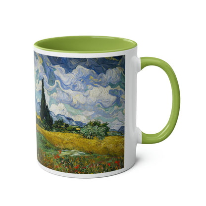 Van Gogh's Wheat Field with Cypresses (1889) - Original Fine Art Print Two-Tone Coffee Mugs, 11oz