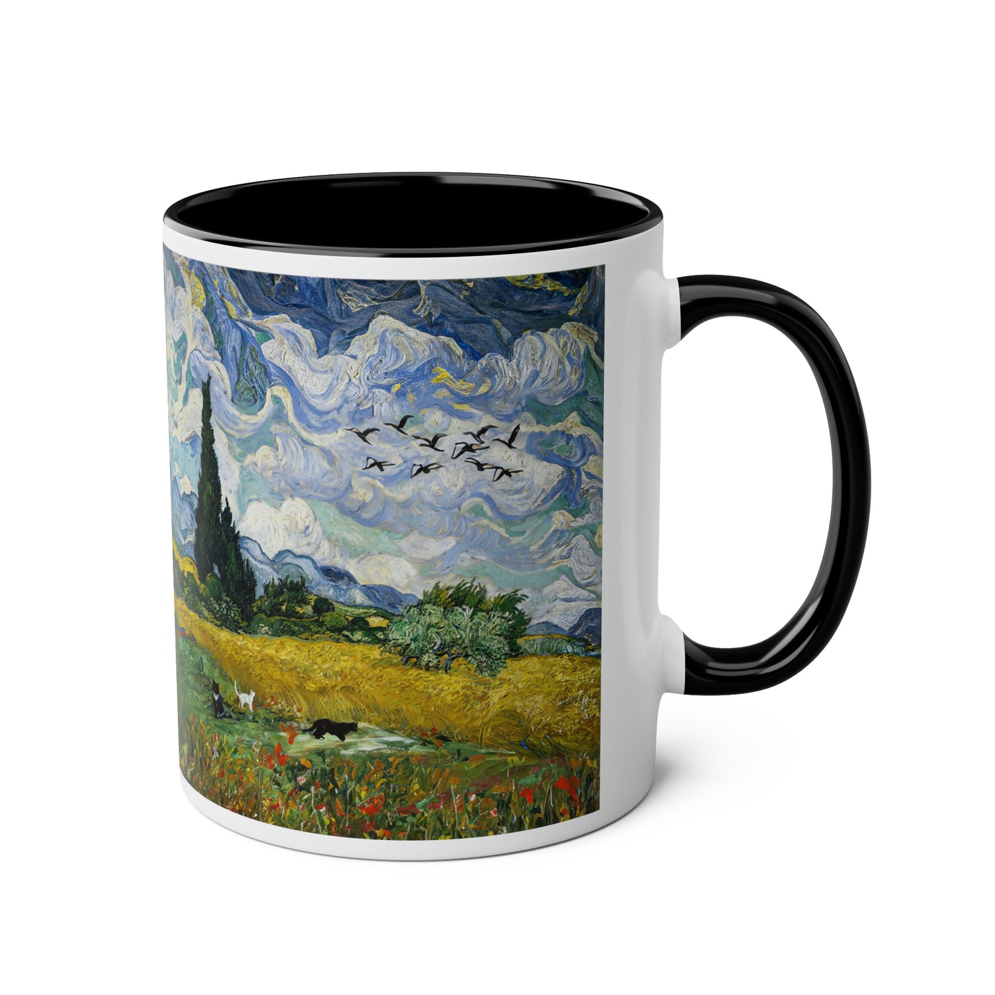 Van Gogh's Wheat Field with Cypresses (1889) - Birds Fine Art Print Two-Tone Coffee Mugs, 11oz