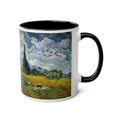 Van Gogh's Wheat Field with Cypresses (1889) - Birds Fine Art Print Two-Tone Coffee Mugs, 11oz