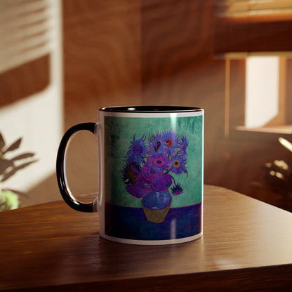 Van Gogh's Vase with Twelve Sunflowers (1888–1889) - Pop art purple Fine Art Print Two-Tone Coffee Mugs, 11oz