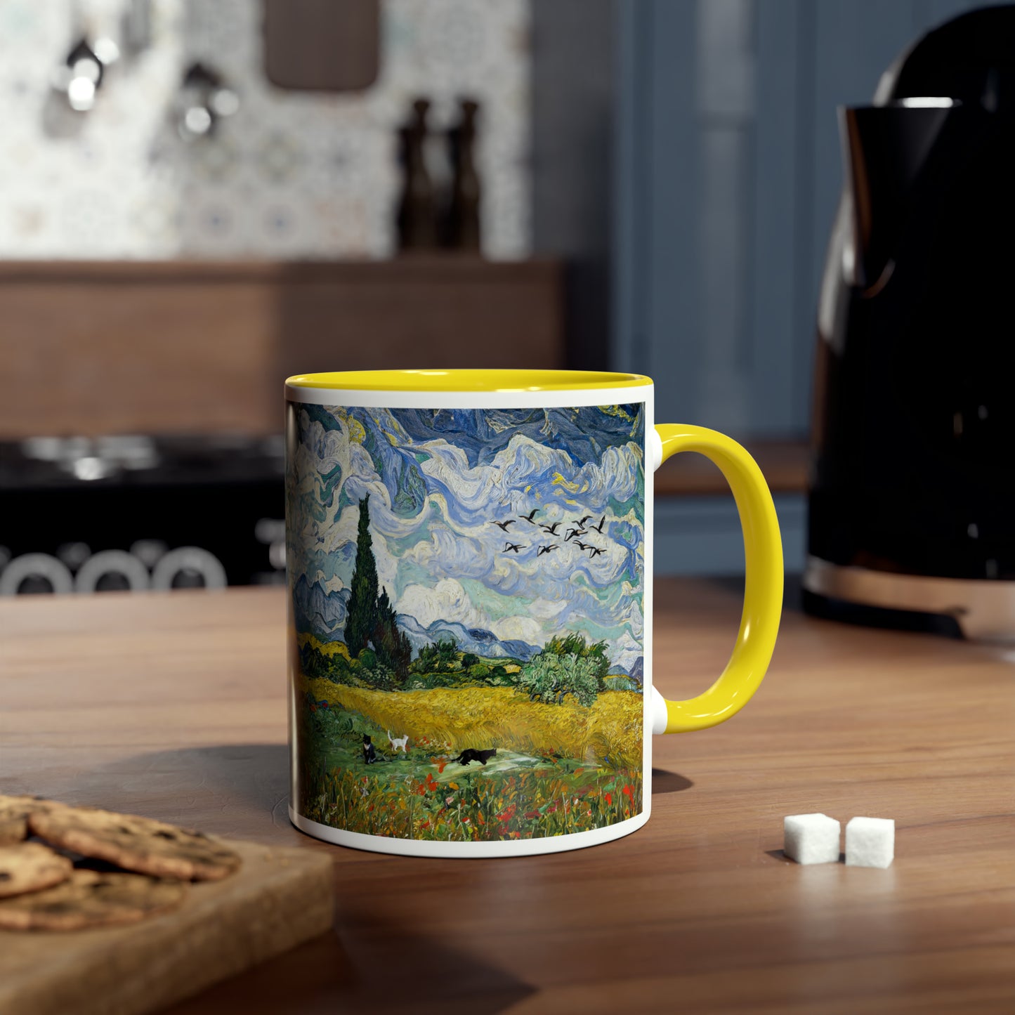 Van Gogh's Wheat Field with Cypresses (1889) - Birds Fine Art Print Two-Tone Coffee Mugs, 11oz