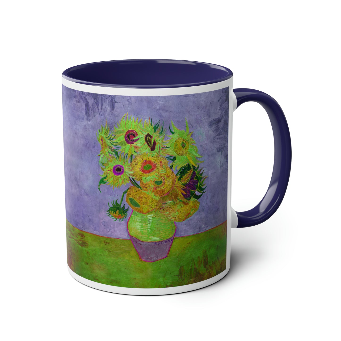 Van Gogh's Vase with Twelve Sunflowers (1888–1889) - Pop art green Fine Art Print Two-Tone Coffee Mugs, 11oz