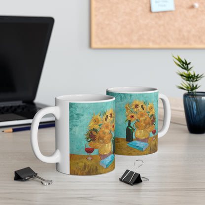 Van Gogh's Vase with Twelve Sunflowers (1888–1889) - Wine and book lover Fine Art Print Ceramic Coffee Mugs, 11oz, 15oz