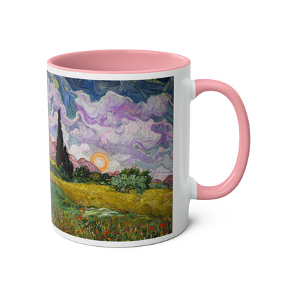 Van Gogh's Wheat Field with Cypresses (1889) - Sunset Fine Art Print Two-Tone Coffee Mugs, 11oz