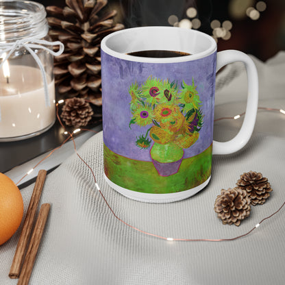 Van Gogh's Vase with Twelve Sunflowers (1888–1889) - Pop art green Fine Art Print Ceramic Coffee Mugs, 11oz, 15oz