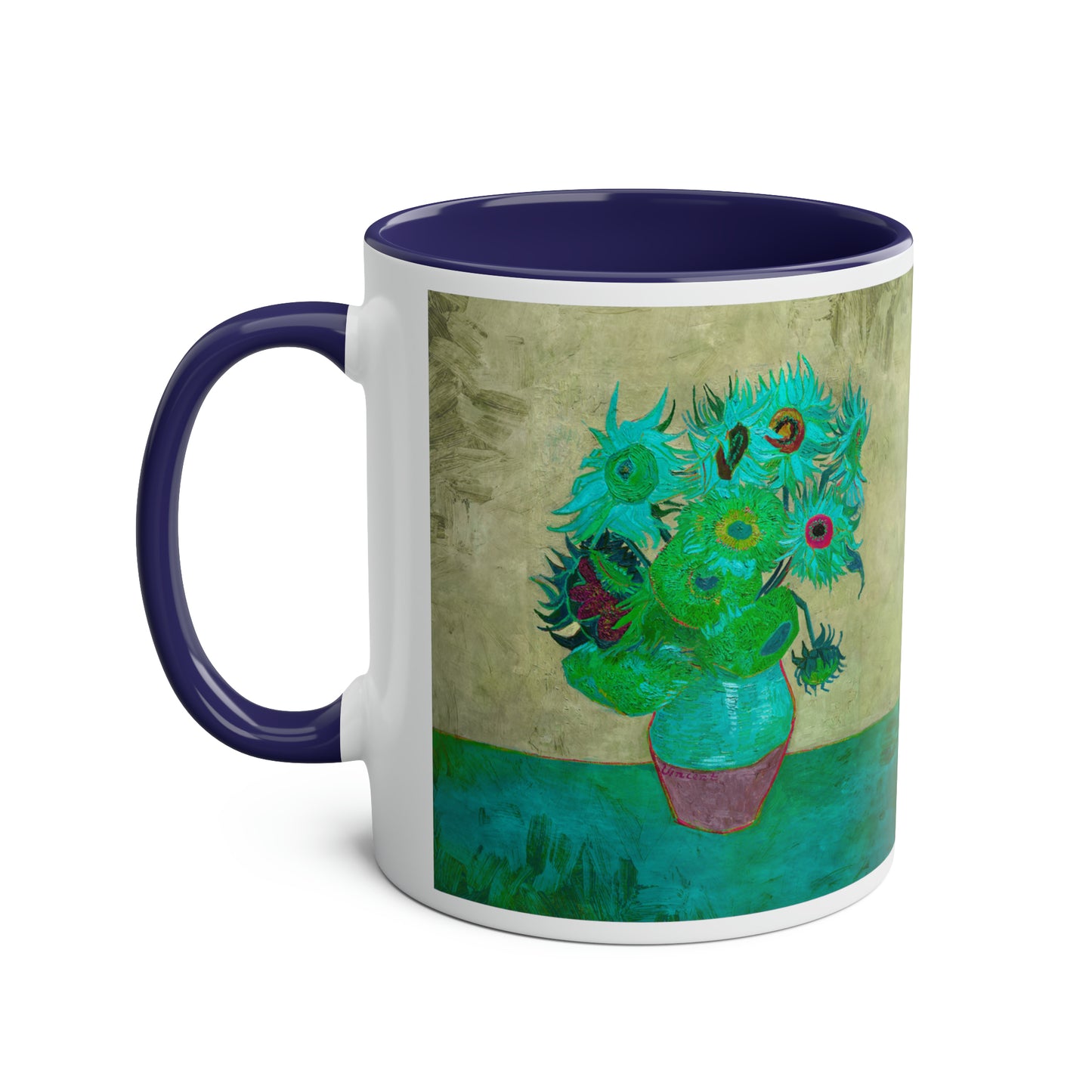 Van Gogh's Vase with Twelve Sunflowers (1888–1889) - Pop art turqoise Fine Art Print Two-Tone Coffee Mugs, 11oz