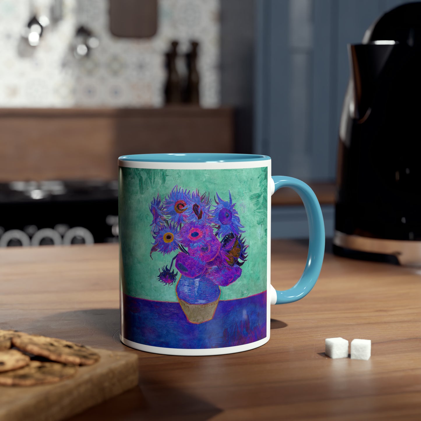 Van Gogh's Vase with Twelve Sunflowers (1888–1889) - Pop art purple Fine Art Print Two-Tone Coffee Mugs, 11oz