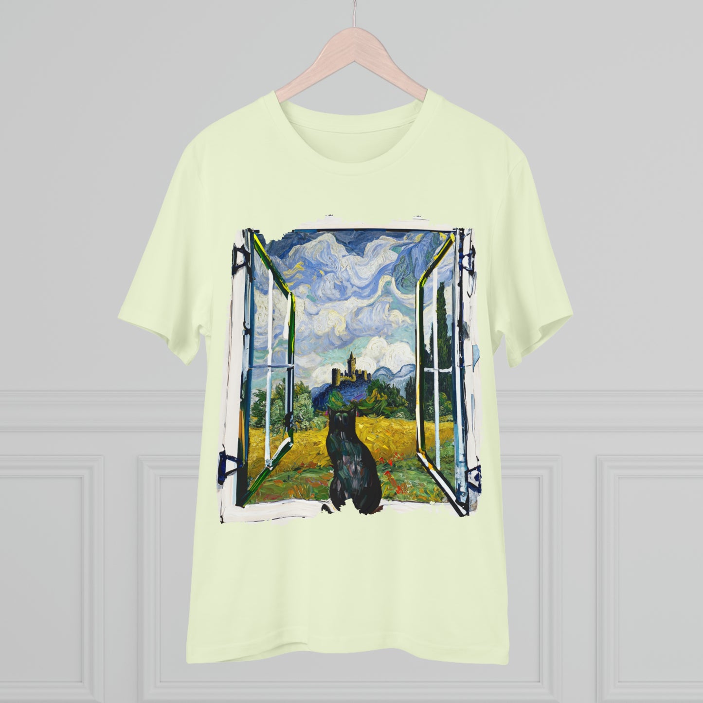 Van Gogh's Wheat Field with Cypresses (1889) - Cat with castle ruin Fine Art Print Organic Cotton T-Shirt Unisex