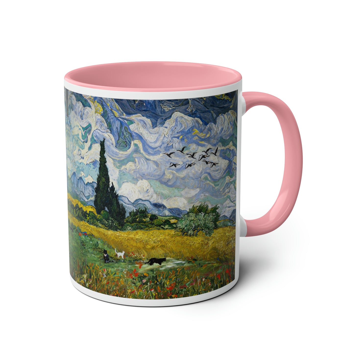 Van Gogh's Wheat Field with Cypresses (1889) - Birds Fine Art Print Two-Tone Coffee Mugs, 11oz