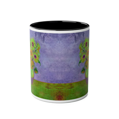 Van Gogh's Vase with Twelve Sunflowers (1888–1889) - Pop art green Fine Art Print Two-Tone Coffee Mugs, 11oz