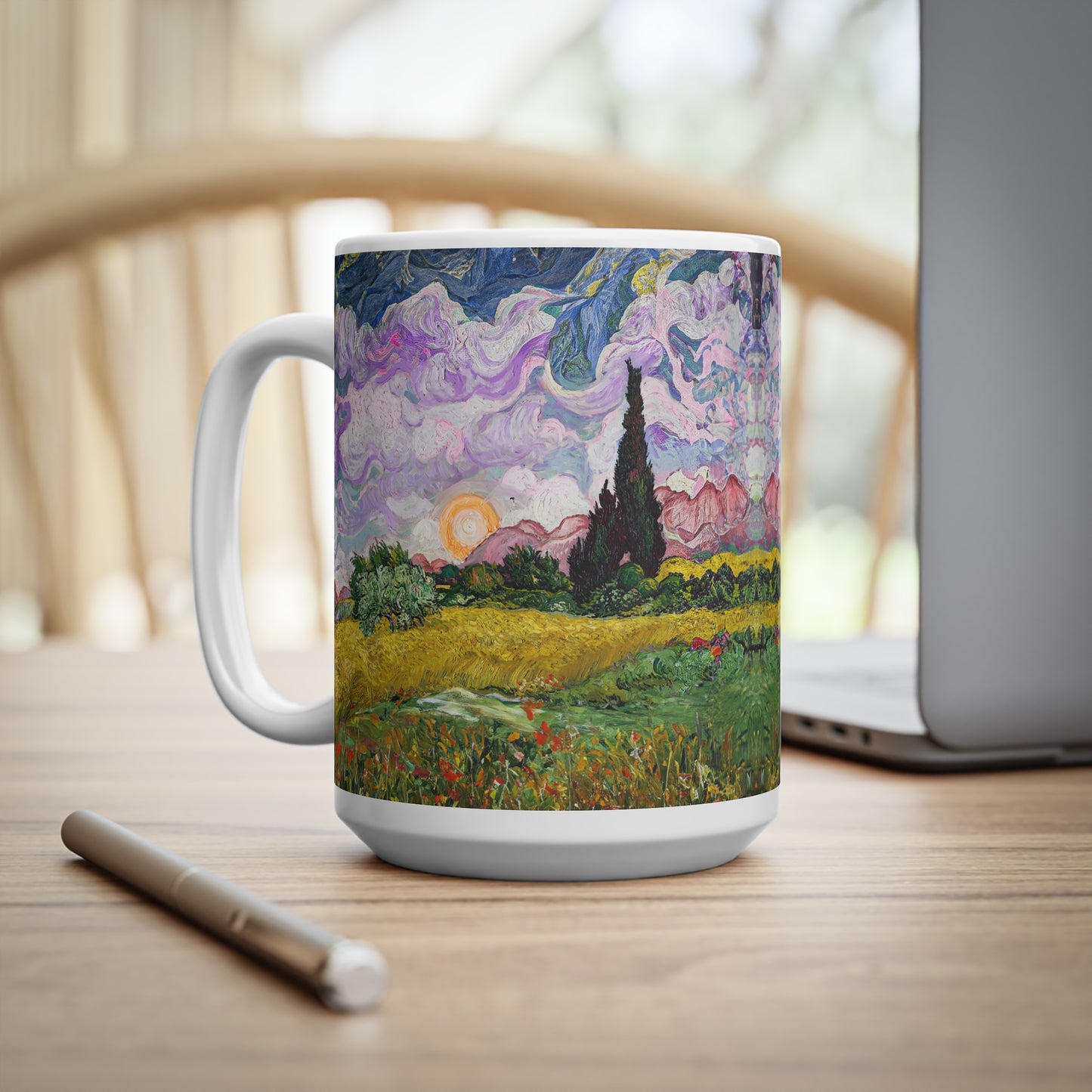 Van Gogh's Wheat Field with Cypresses (1889) - Sunset Fine Art Print Ceramic Coffee Mugs, 11oz, 15oz