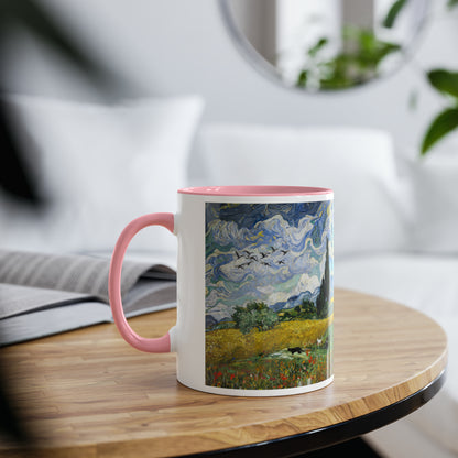 Van Gogh's Wheat Field with Cypresses (1889) - Birds Fine Art Print Two-Tone Coffee Mugs, 11oz