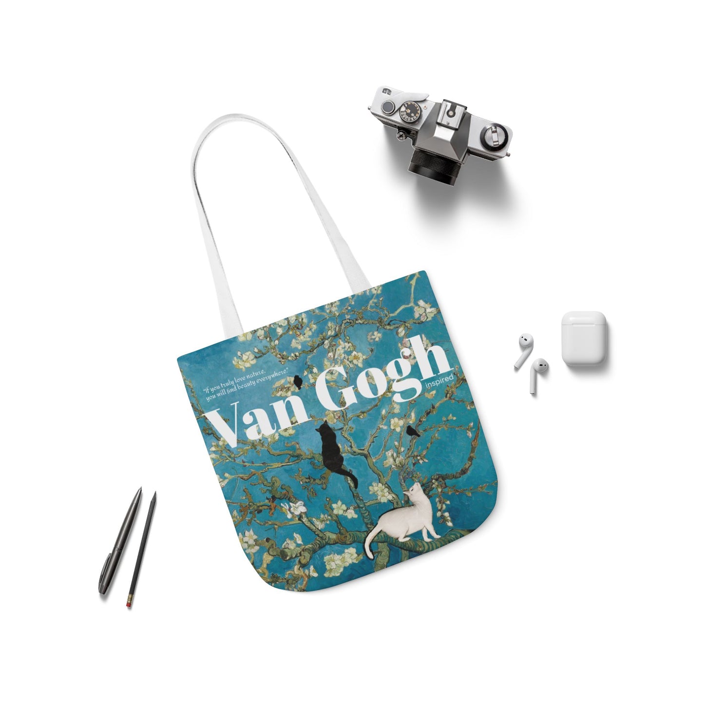 Vincent Vang Gogh Cherry Blossom - Cats - Canvas Tote Bag, 5-Color Straps
