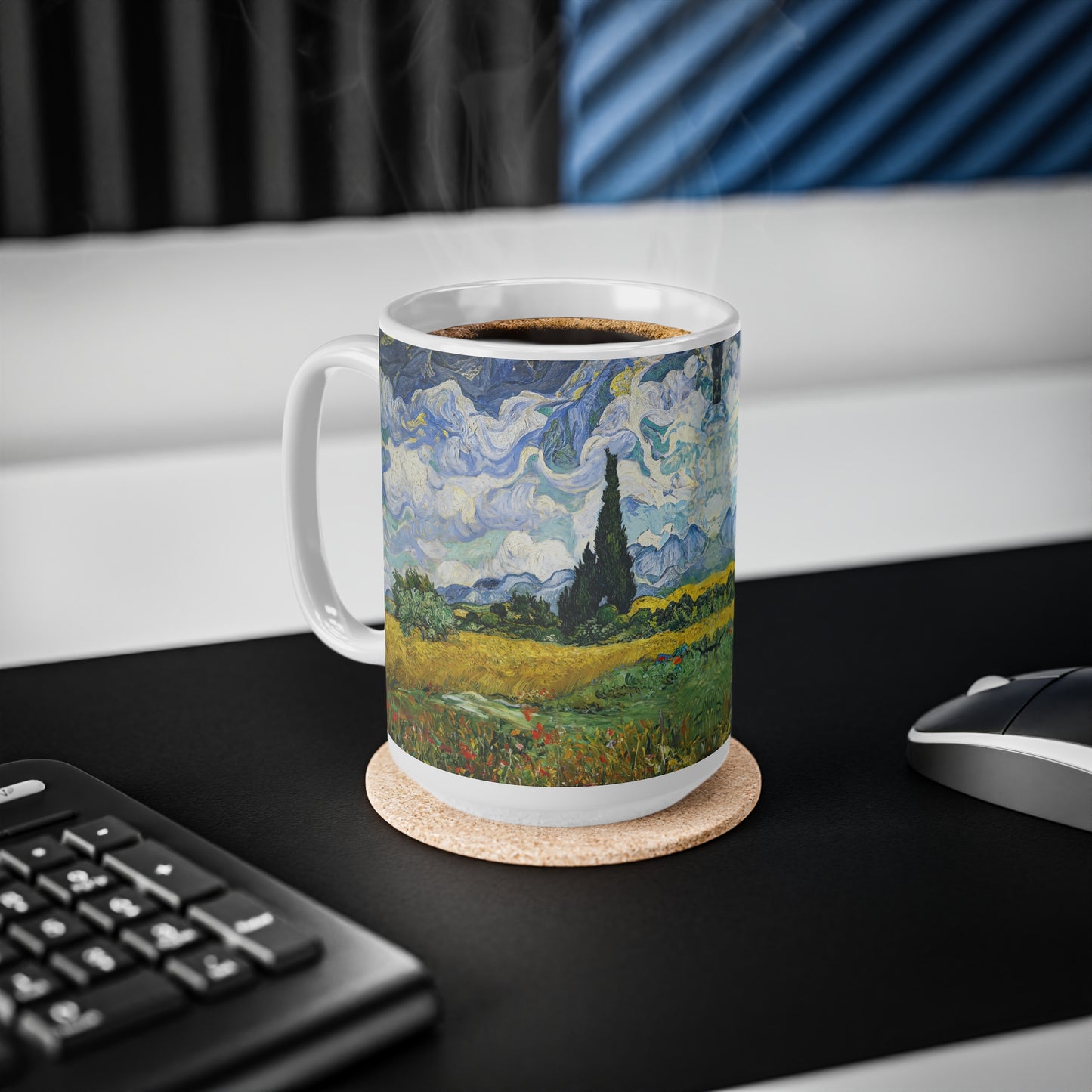 Van Gogh's Wheat Field with Cypresses (1889) - Original Fine Art Print Ceramic Coffee Cups, 11oz, 15oz