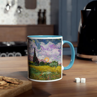 Van Gogh's Wheat Field with Cypresses (1889) - Sunset Fine Art Print Two-Tone Coffee Mugs, 11oz