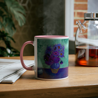 Van Gogh's Vase with Twelve Sunflowers (1888–1889) - Pop art purple Fine Art Print Two-Tone Coffee Mugs, 11oz