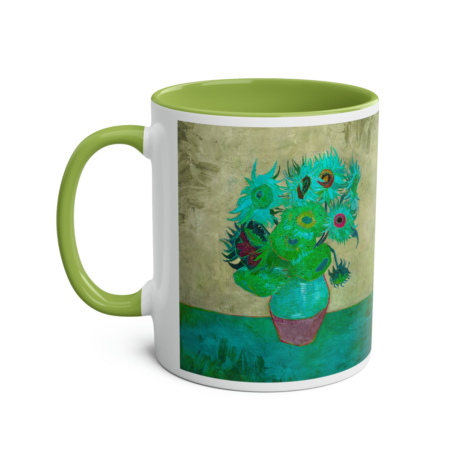 Van Gogh's Vase with Twelve Sunflowers (1888–1889) - Pop art turqoise Fine Art Print Two-Tone Coffee Mugs, 11oz