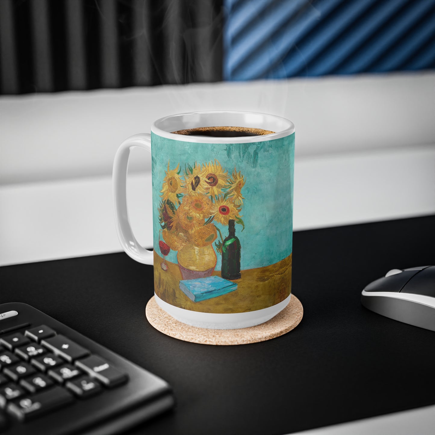 Van Gogh's Vase with Twelve Sunflowers (1888–1889) - Wine and book lover Fine Art Print Ceramic Coffee Mugs, 11oz, 15oz