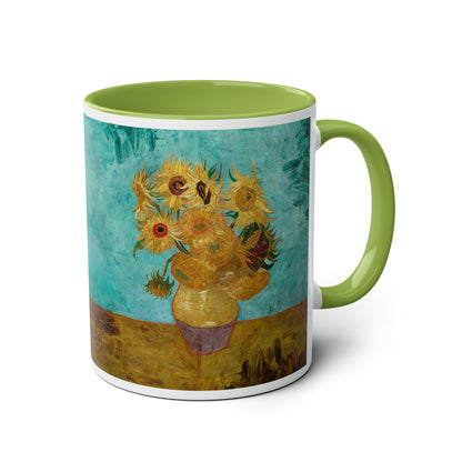 Van Gogh's Vase with Twelve Sunflowers (1888–1889) - Original Fine Art Print Two-Tone Coffee Mugs, 11oz