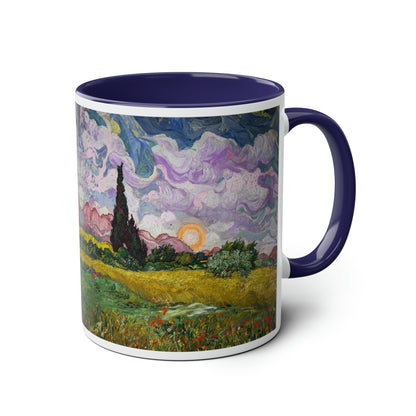 Van Gogh's Wheat Field with Cypresses (1889) - Sunset Fine Art Print Two-Tone Coffee Mugs, 11oz