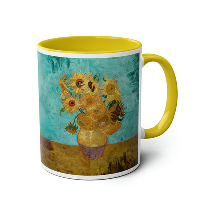 Van Gogh's Vase with Twelve Sunflowers (1888–1889) - Original Fine Art Print Two-Tone Coffee Mugs, 11oz