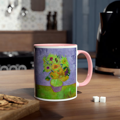 Van Gogh's Vase with Twelve Sunflowers (1888–1889) - Pop art green Fine Art Print Two-Tone Coffee Mugs, 11oz