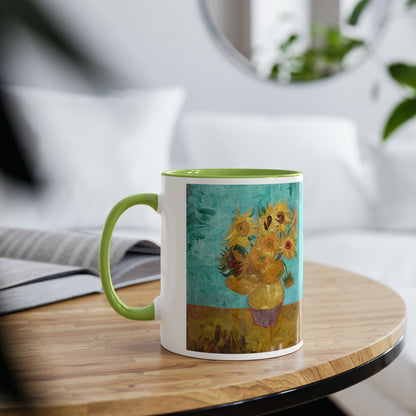 Van Gogh's Vase with Twelve Sunflowers (1888–1889) - Original Fine Art Print Two-Tone Coffee Mugs, 11oz