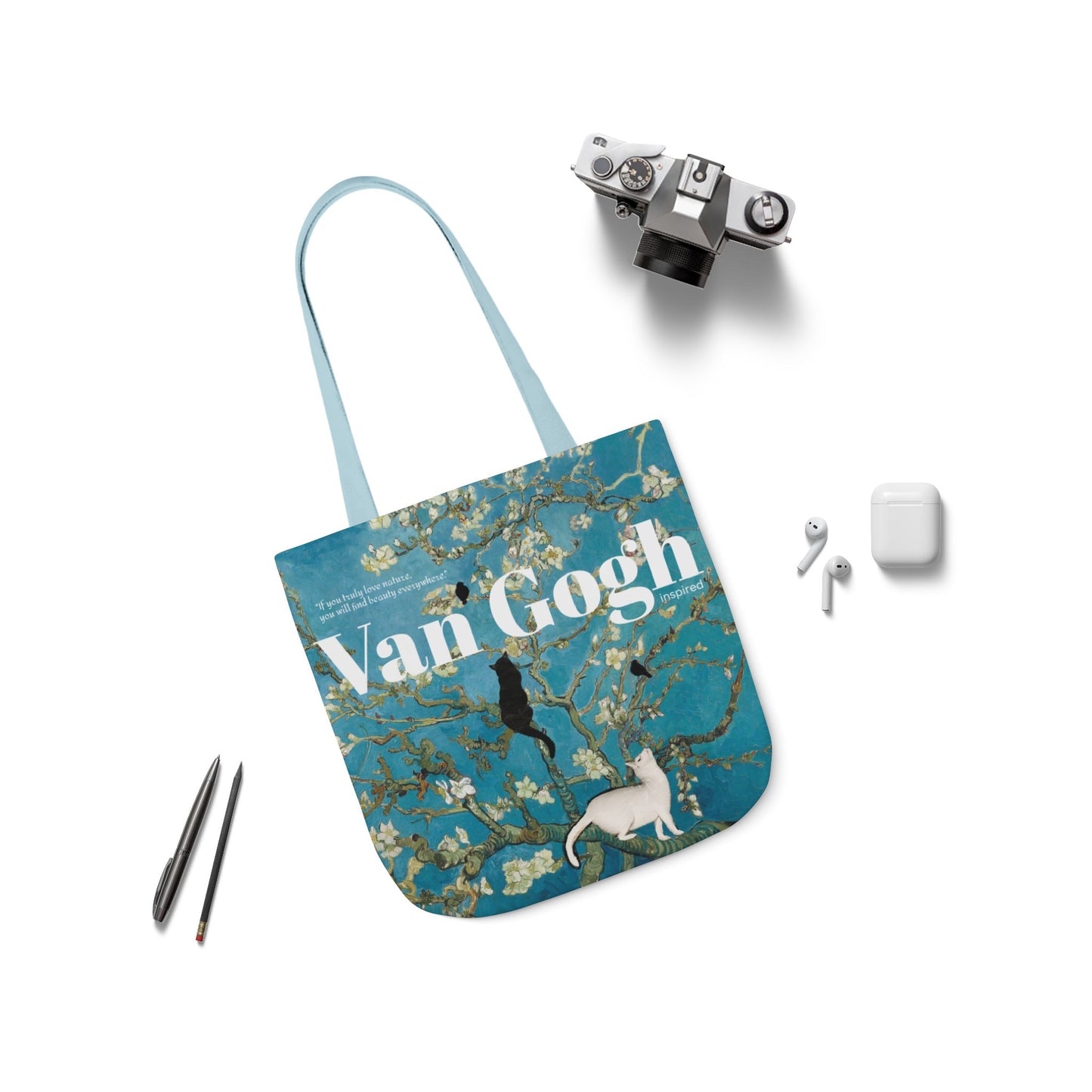 Vincent Vang Gogh Cherry Blossom - Cats - Canvas Tote Bag, 5-Color Straps