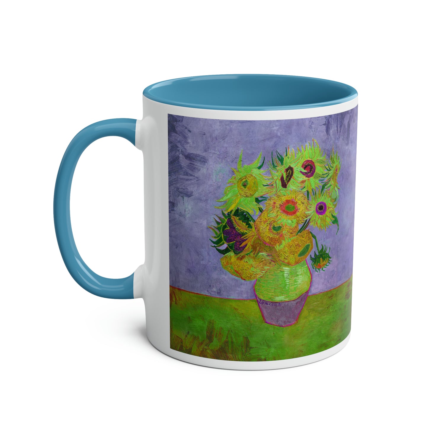 Van Gogh's Vase with Twelve Sunflowers (1888–1889) - Pop art green Fine Art Print Two-Tone Coffee Mugs, 11oz