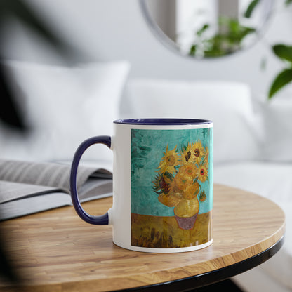 Van Gogh's Vase with Twelve Sunflowers (1888–1889) - Original Fine Art Print Two-Tone Coffee Mugs, 11oz