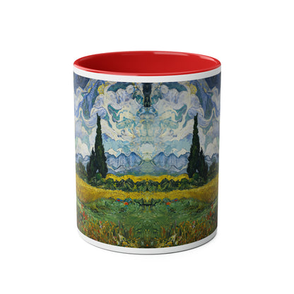 Van Gogh's Wheat Field with Cypresses (1889) - Original Fine Art Print Two-Tone Coffee Mugs, 11oz