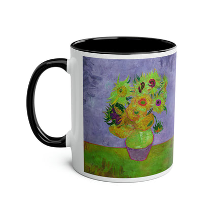 Van Gogh's Vase with Twelve Sunflowers (1888–1889) - Pop art green Fine Art Print Two-Tone Coffee Mugs, 11oz