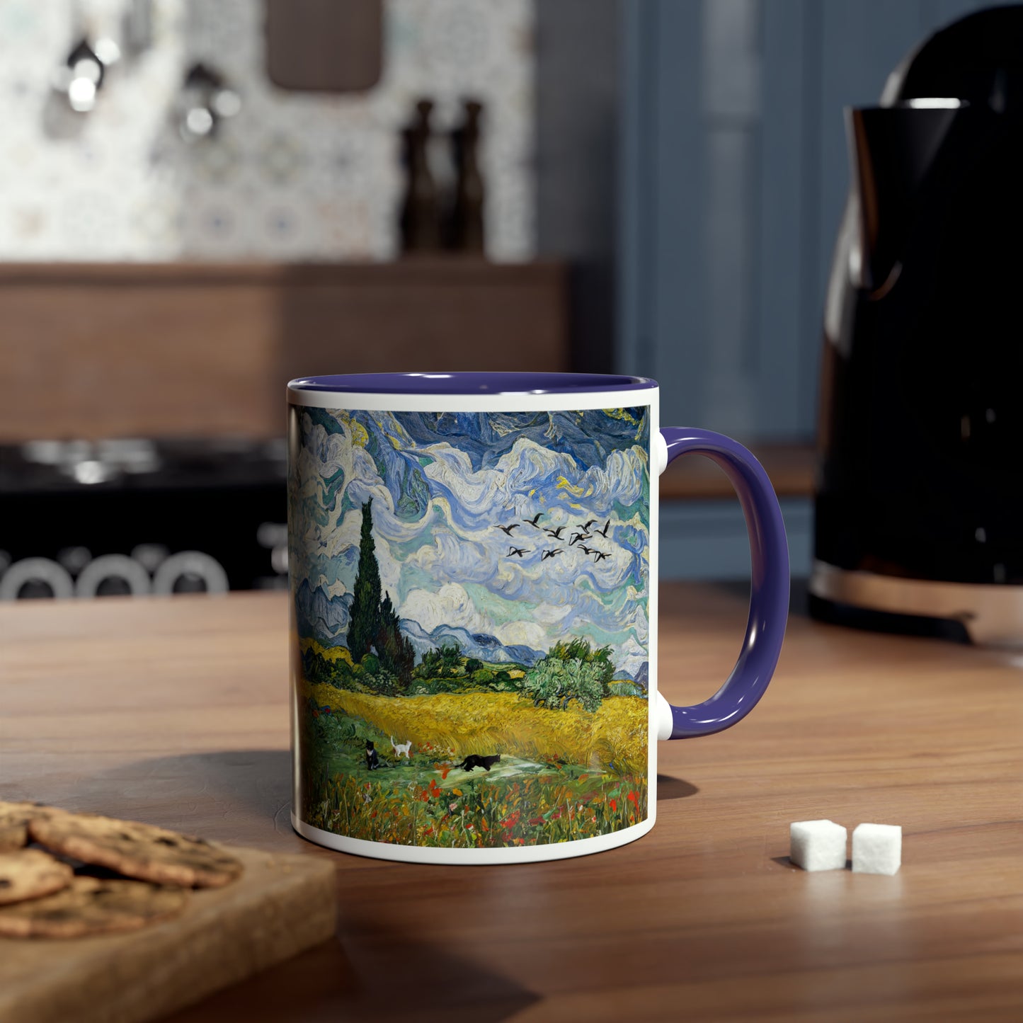 Van Gogh's Wheat Field with Cypresses (1889) - Birds Fine Art Print Two-Tone Coffee Mugs, 11oz