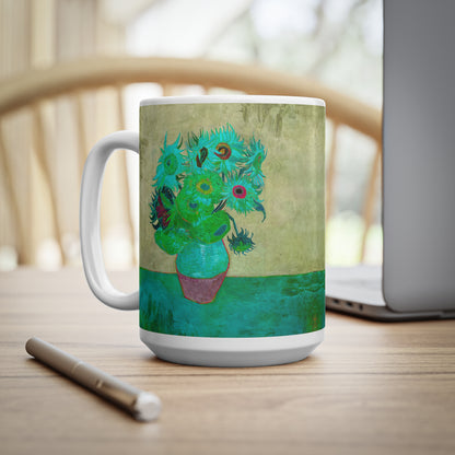 Van Gogh's Vase with Twelve Sunflowers (1888–1889) - Pop art turqoise Fine Art Print Ceramic Coffee Mugs, 11oz, 15oz