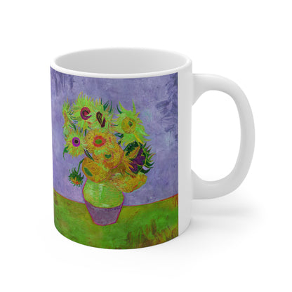 Van Gogh's Vase with Twelve Sunflowers (1888–1889) - Pop art green Fine Art Print Ceramic Coffee Mugs, 11oz, 15oz