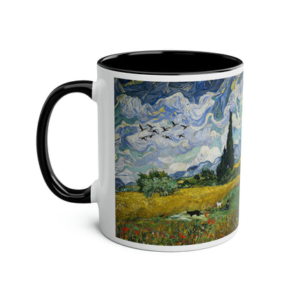 Van Gogh's Wheat Field with Cypresses (1889) - Birds Fine Art Print Two-Tone Coffee Mugs, 11oz