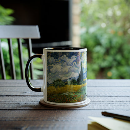 Van Gogh's Wheat Field with Cypresses (1889) - Original Fine Art Print Two-Tone Coffee Mugs, 11oz