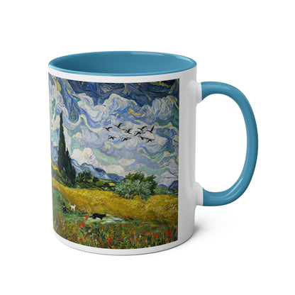 Van Gogh's Wheat Field with Cypresses (1889) - Birds Fine Art Print Two-Tone Coffee Mugs, 11oz