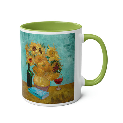 Van Gogh's Vase with Twelve Sunflowers (1888–1889) - Wine and book lover Fine Art Print Two-Tone Coffee Mugs, 11oz