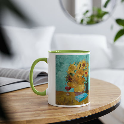 Van Gogh's Vase with Twelve Sunflowers (1888–1889) - Wine and book lover Fine Art Print Two-Tone Coffee Mugs, 11oz