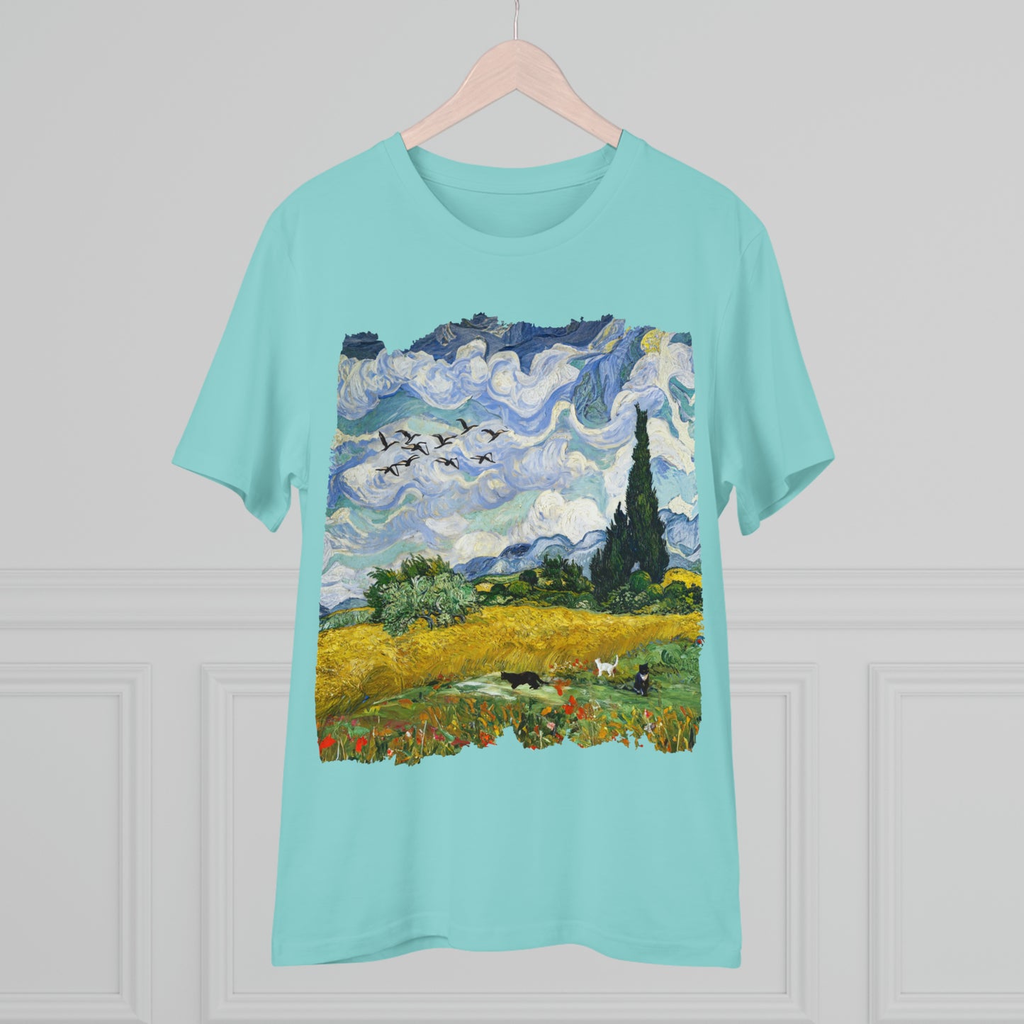 Van Gogh's Wheat Field with Cypresses (1889) - Birds Fine Art Print Organic Cotton T-Shirt Unisex