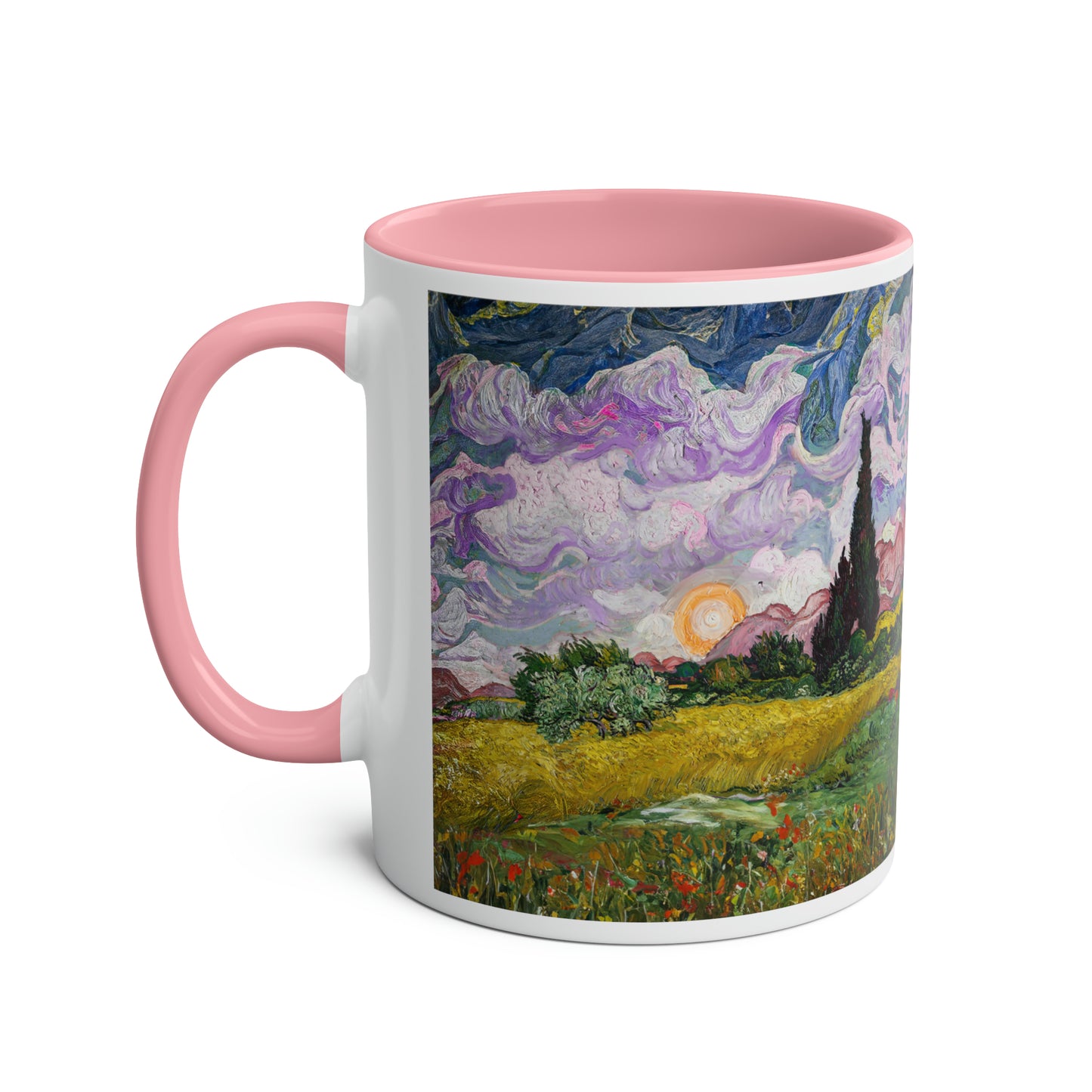 Van Gogh's Wheat Field with Cypresses (1889) - Sunset Fine Art Print Two-Tone Coffee Mugs, 11oz